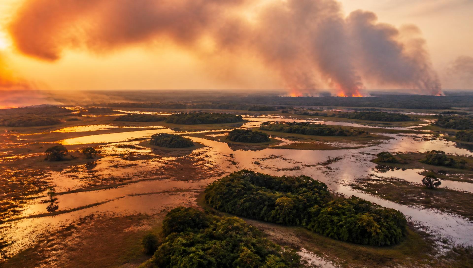 Planície alagável do Pantanal ao entardecer com focos de fogo e fumaça no horizonte